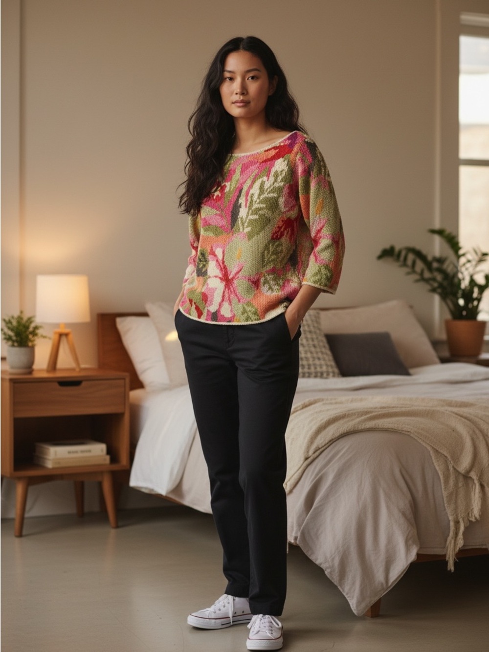 david brooks Floral Knit Sweatshirt in Olive & Pink